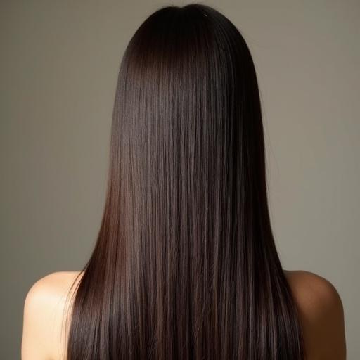 Image showing the back of a head with long straight hair. The hair is dark brown and shines brightly. Focus is on the hair texture and length.