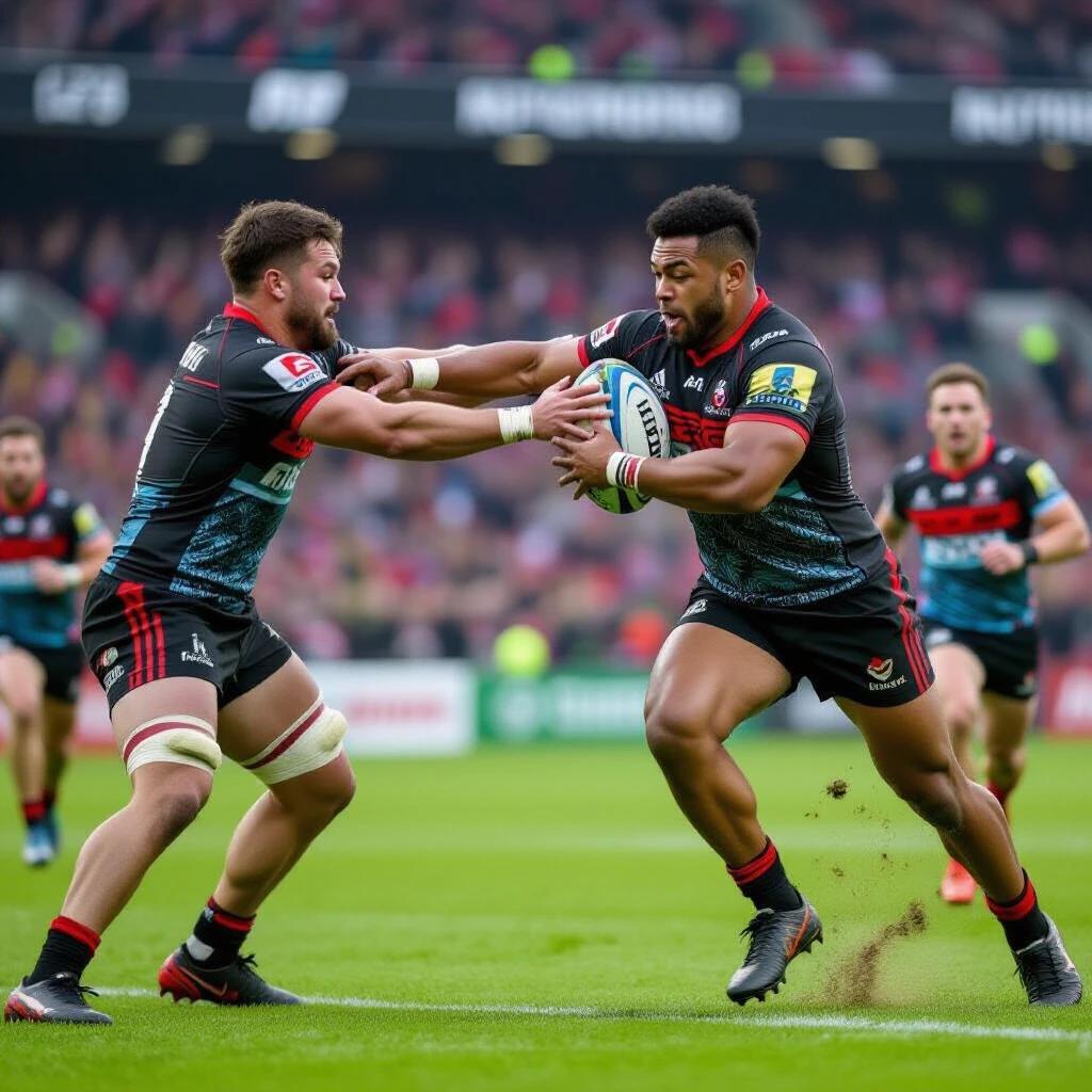 Epic moment captures intense rugby match between NZ warrior and Newcastle titan. Players show strength, agility, grass flying as they compete fiercely for the ball.