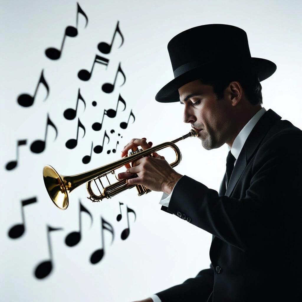 Musician playing trumpet. Man in black suit and top hat. Musical notes floating around.