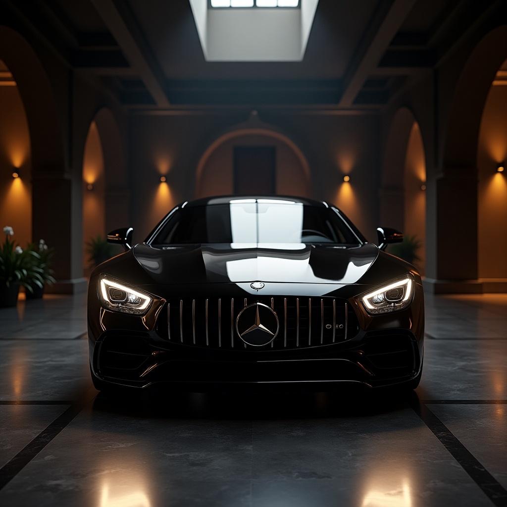 Image showcasing a luxury car in a dark aesthetic mansion. Focus on the car's front view within a sophisticated indoor setting. Emphasis on elegant architectural details and ambient lighting.