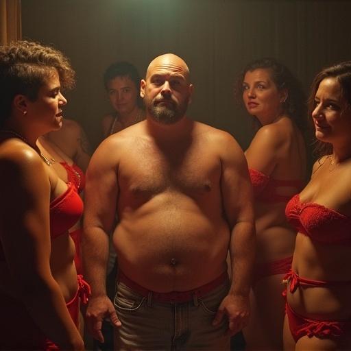 A man stands in the middle surrounded by women wearing red lingerie. They are all posing together. The man appears to be in a financial situation. The scene has a comedic tone with a hint of humor about money spending.