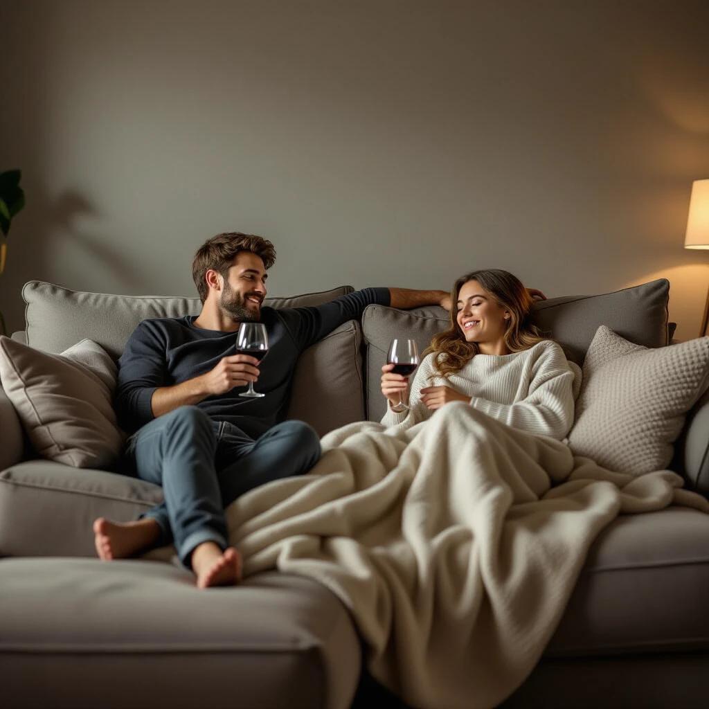Wide shot of a casually dressed man and woman sitting on a large sofa. Man sits at one end. Woman lies down comfortably with knees raised. Soft blanket covers her lower body. Both hold wine glasses. Neutral expressions showing comfort. Dimly lit living room with muted colors. Scene conveys intimate atmosphere.