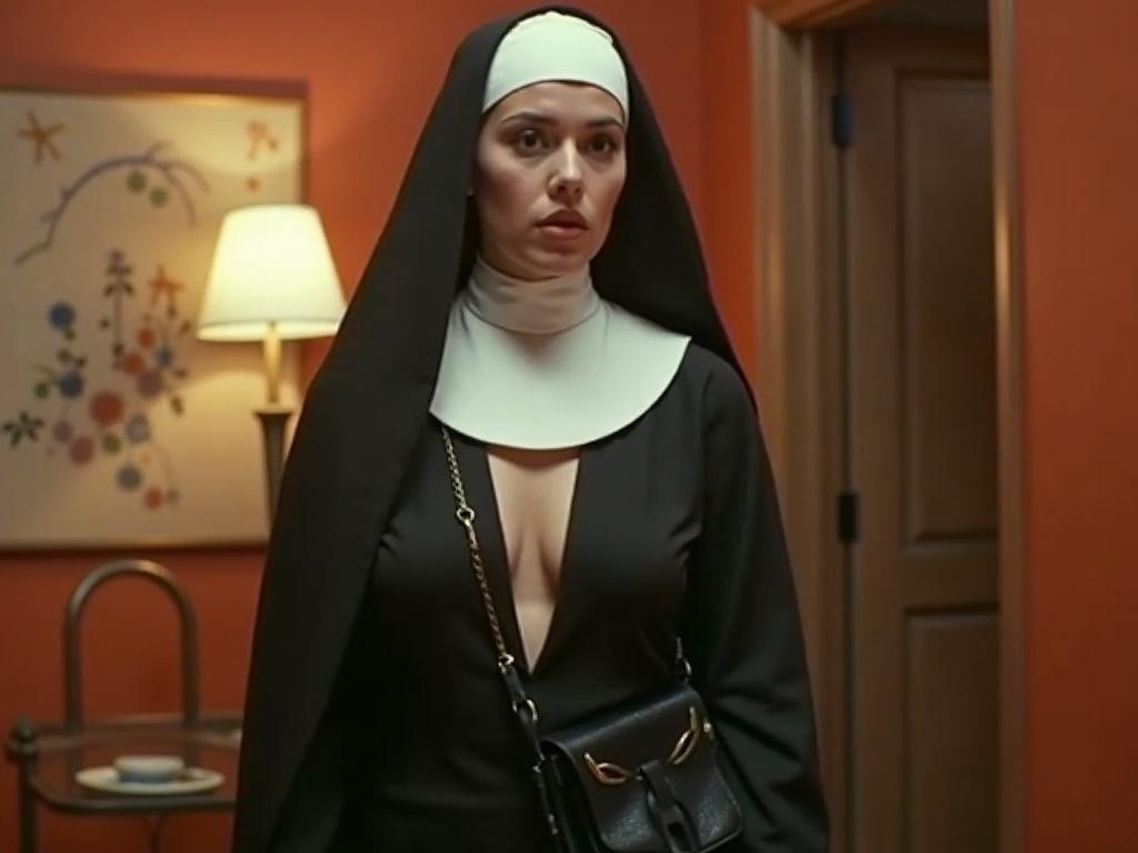A still from a provocative 2000s pop music video featuring a woman in a nun costume. Captured as a cellphone photo with a focus on her outfit and accessories. The image is pixelated and low-res, conveying an unpolished aesthetic. Bright, over-saturated colors are prominent, reminiscent of early Instagram filters.
