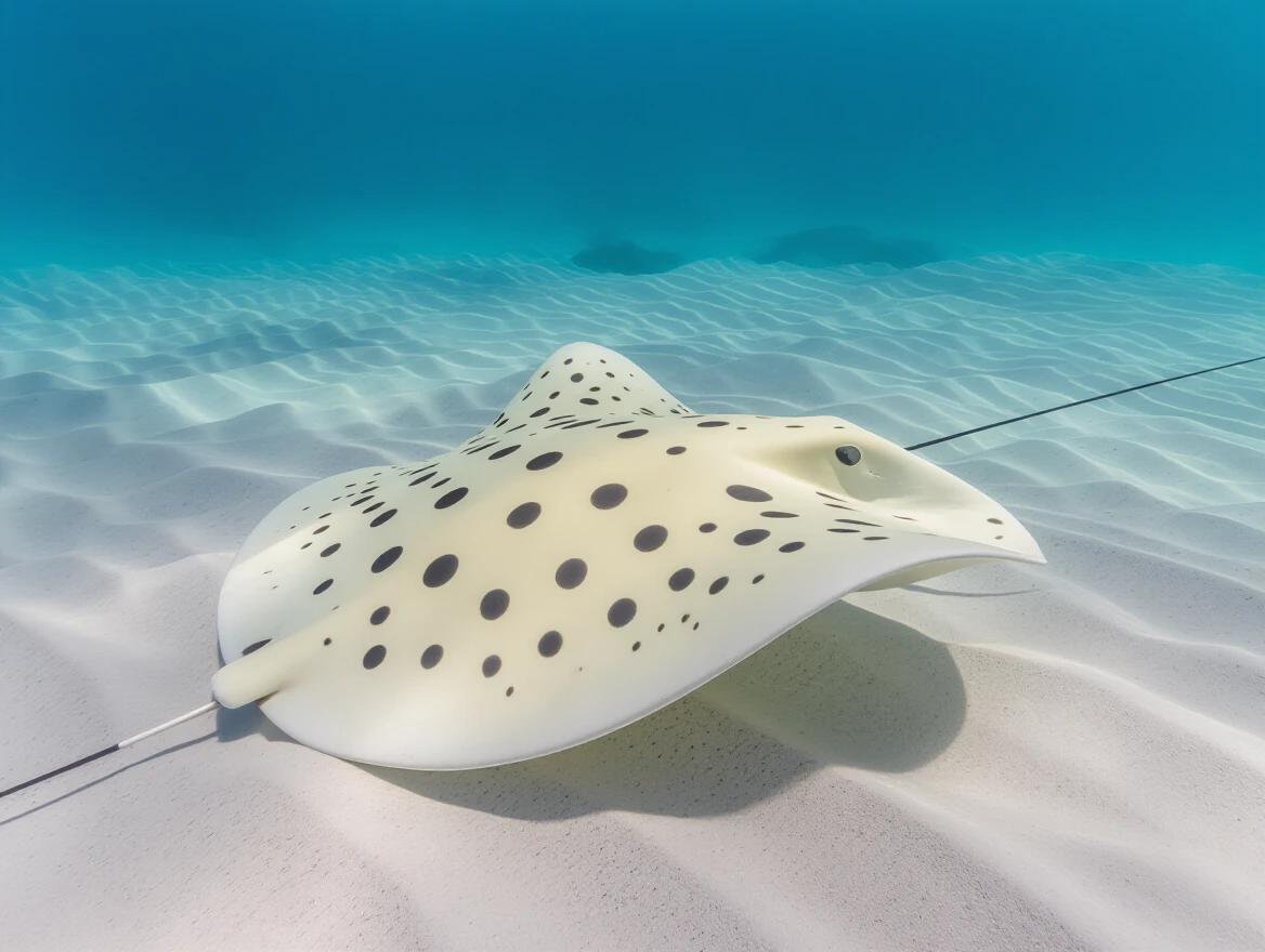 Stingray swims in blue sea. Sandy bottom stretches beneath. Stingray is pale off-white with black polka-dots. Image captures the beauty of marine life.