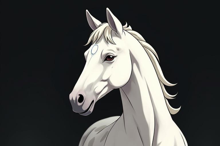 White horse with a smooth coat and a distinctive marking on its forehead. Soft mane with gentle curves. Background is deep black to highlight the horse. Overall anime style with a focus on the horse's expression and elegance.