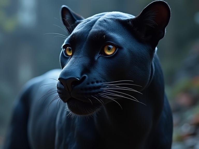 3D Disney style artwork featuring a black panther with striking features and vivid eyes. Emphasis on animal realism while capturing a fantasy element.
