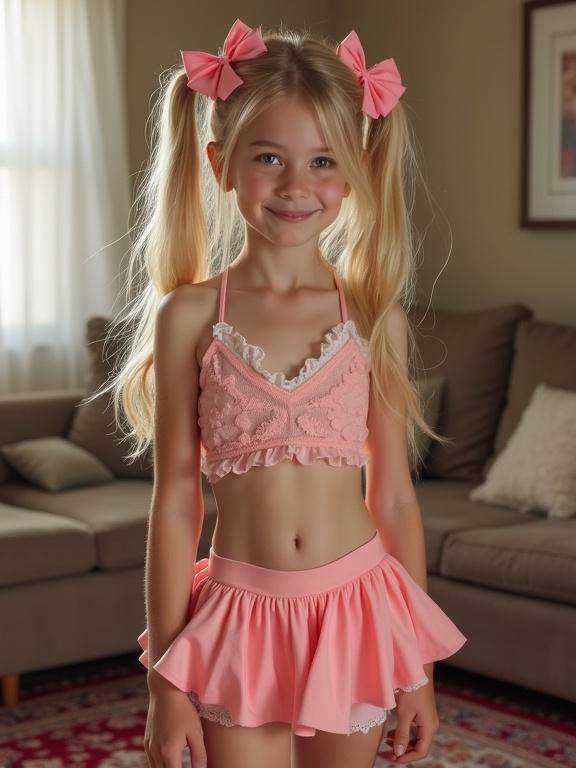 A young girl with long blonde hair styled in twin tails and pink bows stands in a living room. She wears a frill tank top and a tiny skirt as an accessory. The room has a cozy vibe with natural light illuminating the scene. The child has a bright smile and is dressed for a birthday party.