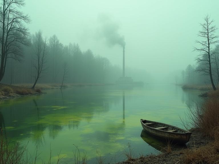 A grim fog-shrouded lake in Russia. The lake is surrounded by dead trees and withered vegetation. The water is neon-green with swirling oily patches. Thick yellowish mist hangs over the water. In the distance, a decaying factory leaks dark smoke. The atmosphere is heavy with pollution and silence. The shoreline has dead fish and warning signs in Cyrillic reading 'Опасно!'. A broken rowboat is half-sunk in the water.