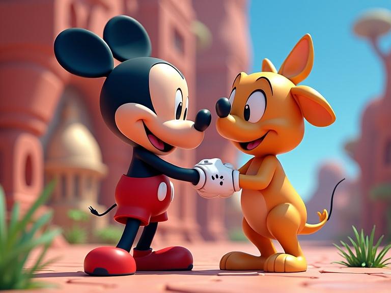 Colorful 3D digital illustration featuring cartoon characters. Two characters smiling and shaking hands. Lively background with animated style.