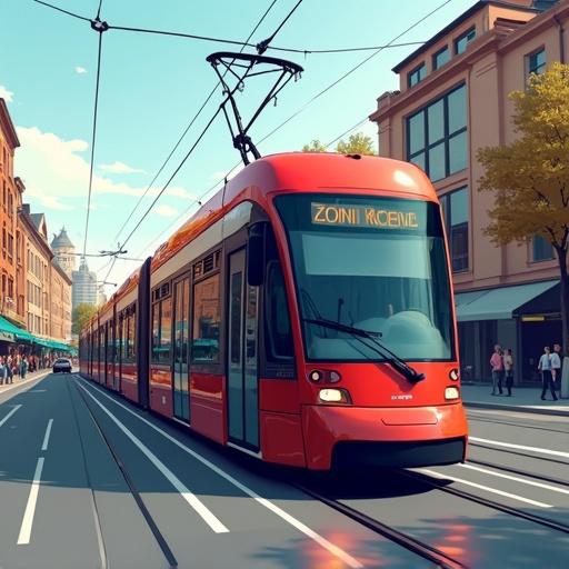 Vector illustration of a modern tram in an urban setting. Trams passing along a street with buildings and trees along the side. Bright and sunny day with clear skies.