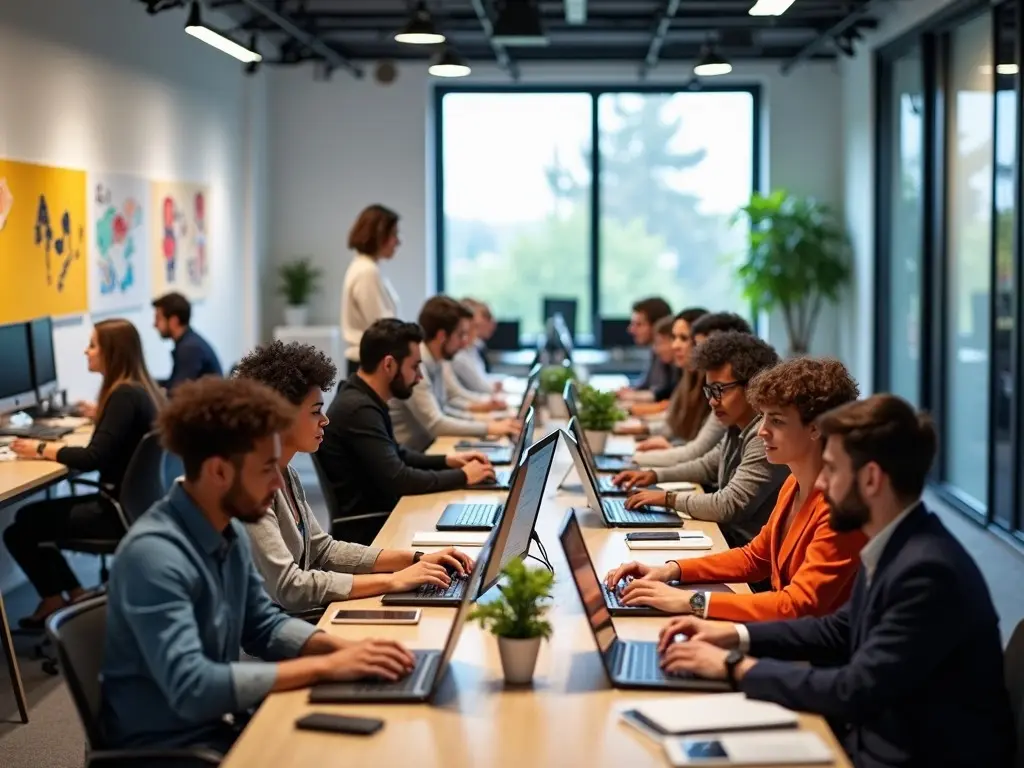 A modern coworking space filled with diverse employees working on computers, natural lighting through large windows, professional and collaborative atmosphere.