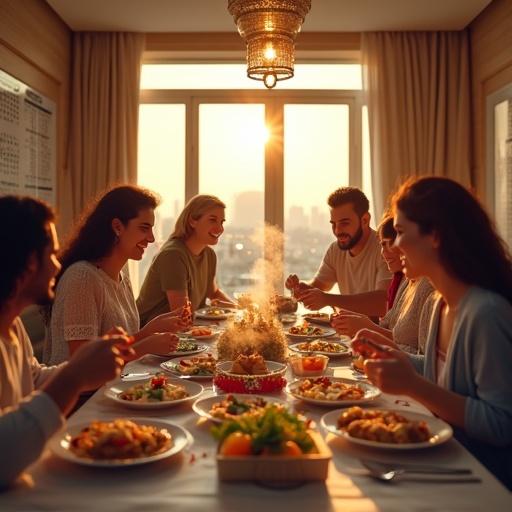 Storyboard for food advertisement features a modern kitchen. Family opens a food box with elegant table settings and warm sunlight. Days flipped on the calendar while family enjoys meals. Close-up of hands serving delicious meals with steam. Evening gathering on terrace with city view at sunset. Brand logo and tagline displayed.