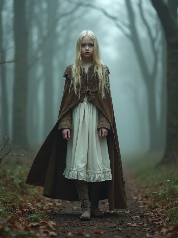 A young girl with long pale blonde hair walks through a foggy forest. She wears a white dress with brown accents and a heavy cloak. She has pale skin and vibrant red eyes, staring coldly at the viewer, displaying vampire fangs.