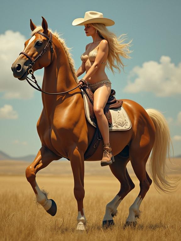 A nude woman riding a horse. She wears a wide-brimmed hat. The scene depicts a sunny day in an open landscape. The horse is a light brown color. The woman has long blonde hair. She is riding confidently. The overall mood is adventurous and free.