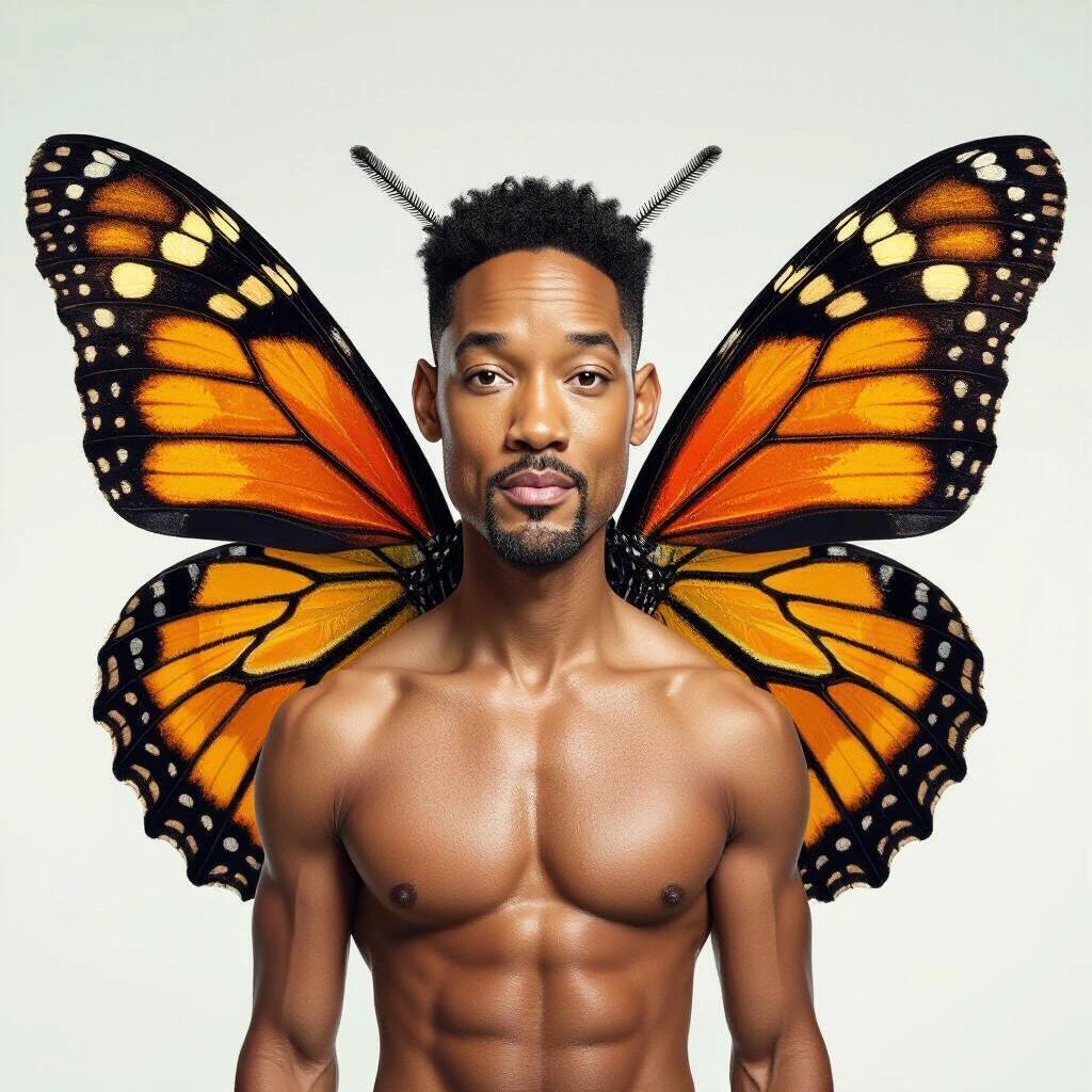 A muscular man is depicted with large moth wings attached to his back. The wings are ornately designed in vibrant orange and black. The scene has a whimsical, surreal quality. The focus of the image is on the man's strong physique and the beautiful wings. The background is plain to emphasize the subject.