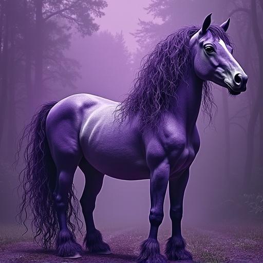 Purple pony in a misty forest. Art combines H.G. Giger and Salvador Dali styles. Surreal atmosphere with dark elements.