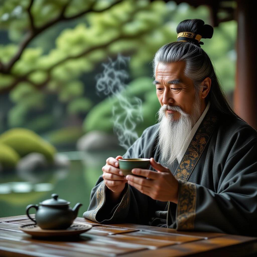 A closeup shot shows an ancient Chinese scholar wearing a dark robe. Scholar holds a tea bowl with steam rising. The setting features a peaceful garden with lush greenery and a pond. The atmosphere is tranquil and reflective.