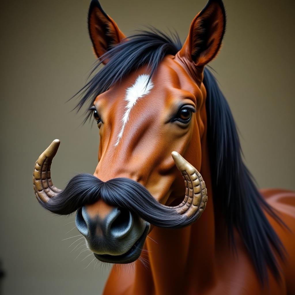 A horse features a large, exaggerated mustache shaped like horse shoes. The horse has a rich brown coat, a flowing black mane, and piercing eyes, creating a humorous and artistic character.