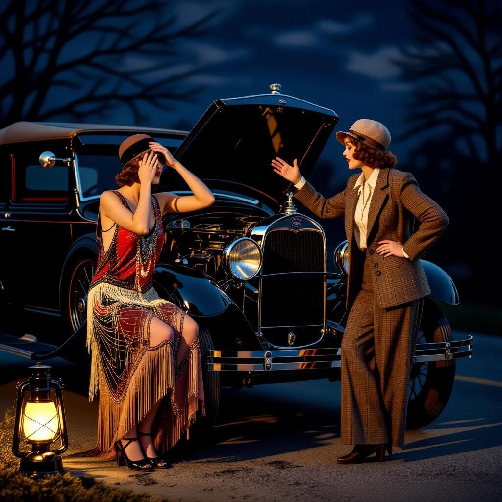 A vintage scene with a 1928 Ford Model A car roadside. A flapper woman in a fringed dress and cloche hat covers her eyes. Another woman in a tweed suit gestures towards the car engine. The car hood is open revealing mechanical details. There is an emergency lantern casting dramatic shadows at night. Elements showcase high detail textures and 1920s authenticity.