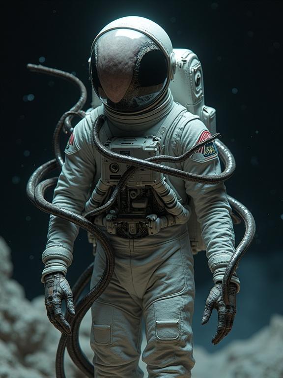 An astronaut merges with a snake-like alien in space. Alien tentacles wrap around the body integrating with the suit. Part of the human face remains visible. The alien is glossy and serpentine. Stars and darkness create a surreal background. High realism evokes an eerie atmosphere.