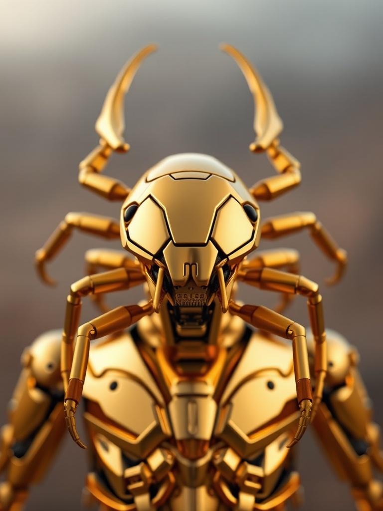 The image showcases a futuristic, robotic ant designed with a sleek, gold metallic finish. The ant's body is crafted with precise mechanical joints and smooth surfaces, emphasizing a blend of natural inspiration and advanced technology. The background is softly blurred, allowing the shiny, intricate details of the ant to take center stage.