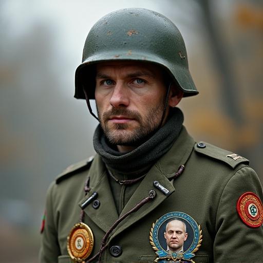 Subject dressed in military attire wears tank helmet. October badge features Zelensky's portrait. Man has armband on neck. Image depicts modern military context.