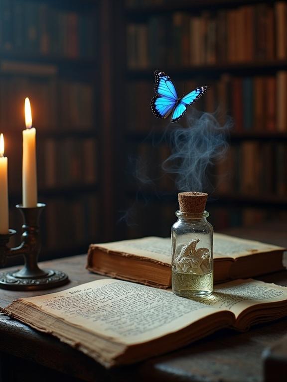 A dark candlelit bookshop room filled with old books. An uncapped vial with lettering sits on an old dusty open grimoire. White smoke billows from the vial. A small blue butterfly flies overhead. A parchment with handwritten letters reads 'l'alchimie des mots'.