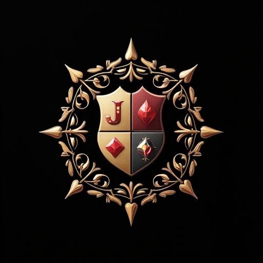 Refined emblem design for a black T-shirt. Central crest features playing card suits and luck symbols. Wreath surrounds shield. Name 'JESSCAS' above in elegant font. Optional Latin motto below. Background transparent. Design is symmetrical with flat colors.