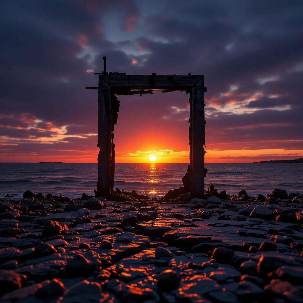 Surreal scene with a dark sunset illuminating the horizon through a wooden frame. Rocks in the foreground enhance the atmosphere of the future.