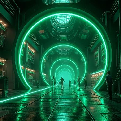 Anime style, futuristic setting in a biolab, oversized luxury building inspired by black holes, emerald green neon lights, Shanghai cityscape, underground design, summer atmosphere.