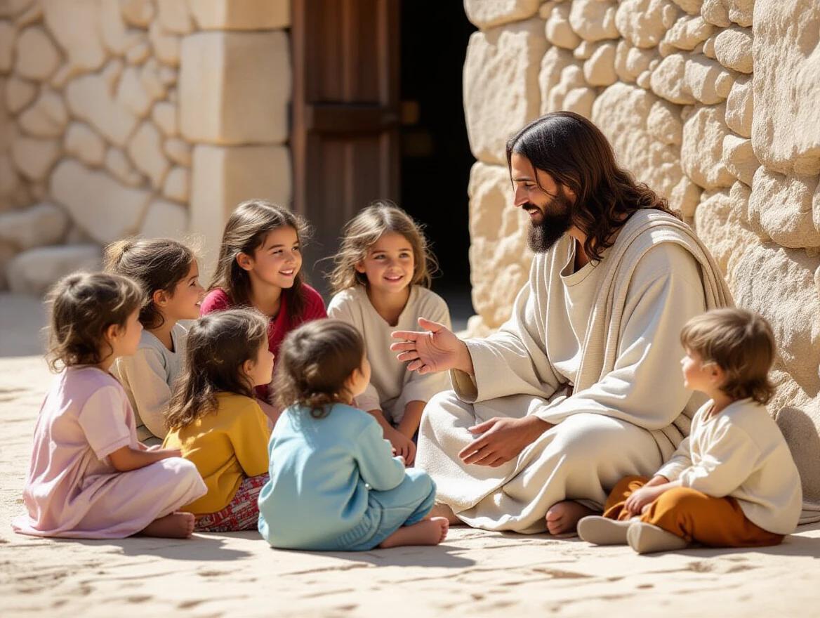 Image depicts Jesus engaging in conversation with multiple children. Outdoor scene with a stone wall backdrop. Demonstrates warmth and connection among individuals. Jesus dressed in traditional robes, surrounded by kids of diverse backgrounds. Scene conveys a message of kindness and morality.
