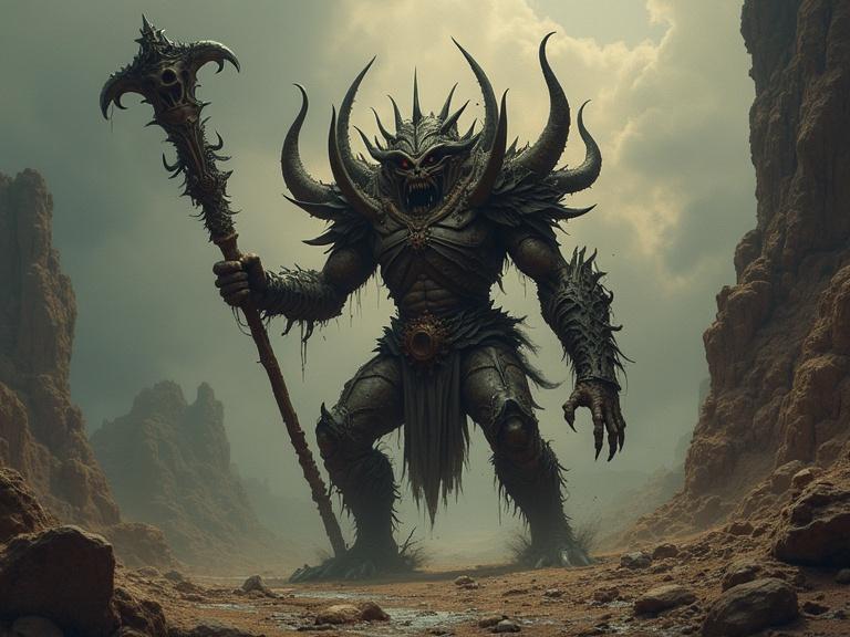 A powerful fantasy monster stands in a barren landscape. The creature looks intimidating with sharp features and armor made of dark materials. It holds a staff and exudes an aura of power. The scene is filled with a dark, dramatic atmosphere.