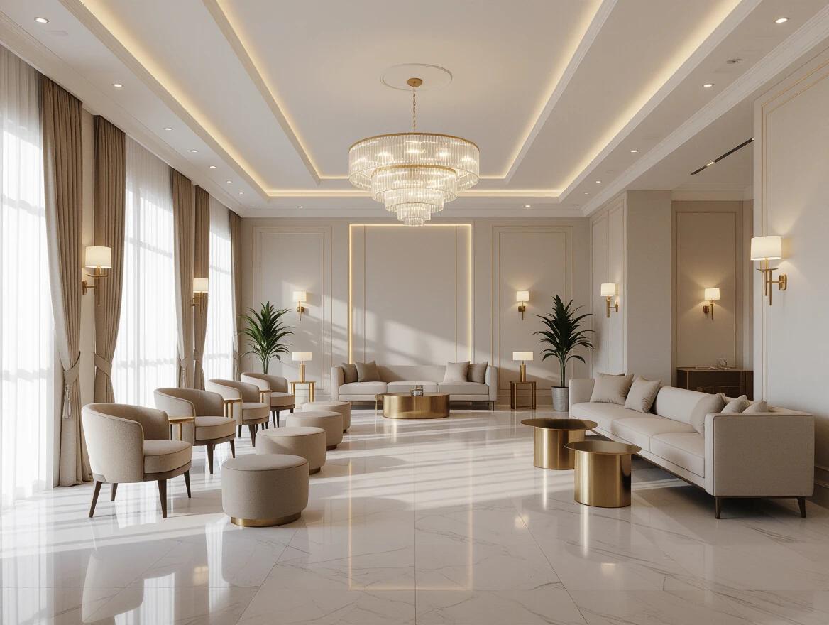Luxurious multipurpose hall for gatherings and events. Spacious open-plan layout. Polished marble flooring. Minimal elegant decor. Warm ambient lighting from fixtures. Soft neutral color palette. Premium materials like brass and stone. Stackable designer chairs. Clean walls with subtle texture. Flexible open space for functions and celebrations. Photorealistic 8k rendering.