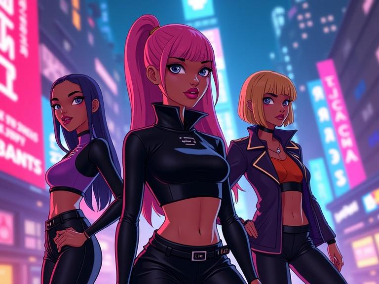 Three stylish characters pose in a vibrant neon city. They wear sleek cyberpunk outfits. The setting reflects a futuristic urban landscape. The colors are bright and bold with high contrast.