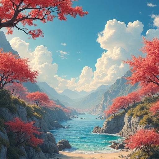 A beautiful forest landscape featuring a serene river flowing through a valley. Lush greenery and trees adorned with vibrant red leaves. Majestic mountains in the background under a bright blue sky with fluffy white clouds. Natural beauty and tranquility all around.