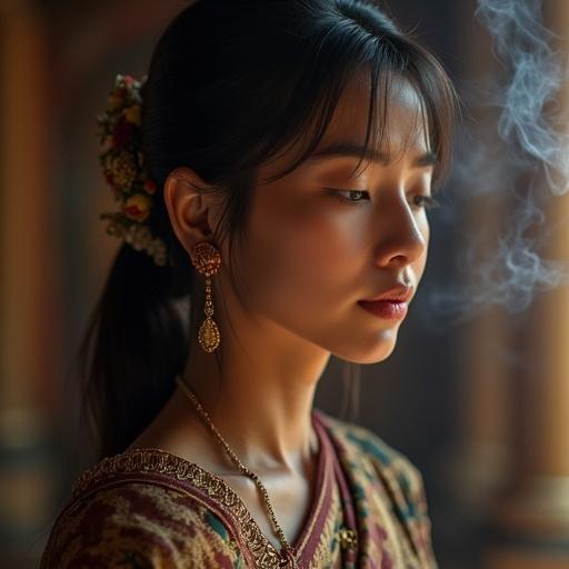 Profile of a Khmer woman in a temple. She has sleek hair and wears a traditional sampot. Incense smoke swirls around her. Close-up view emphasizes her expression and attire.