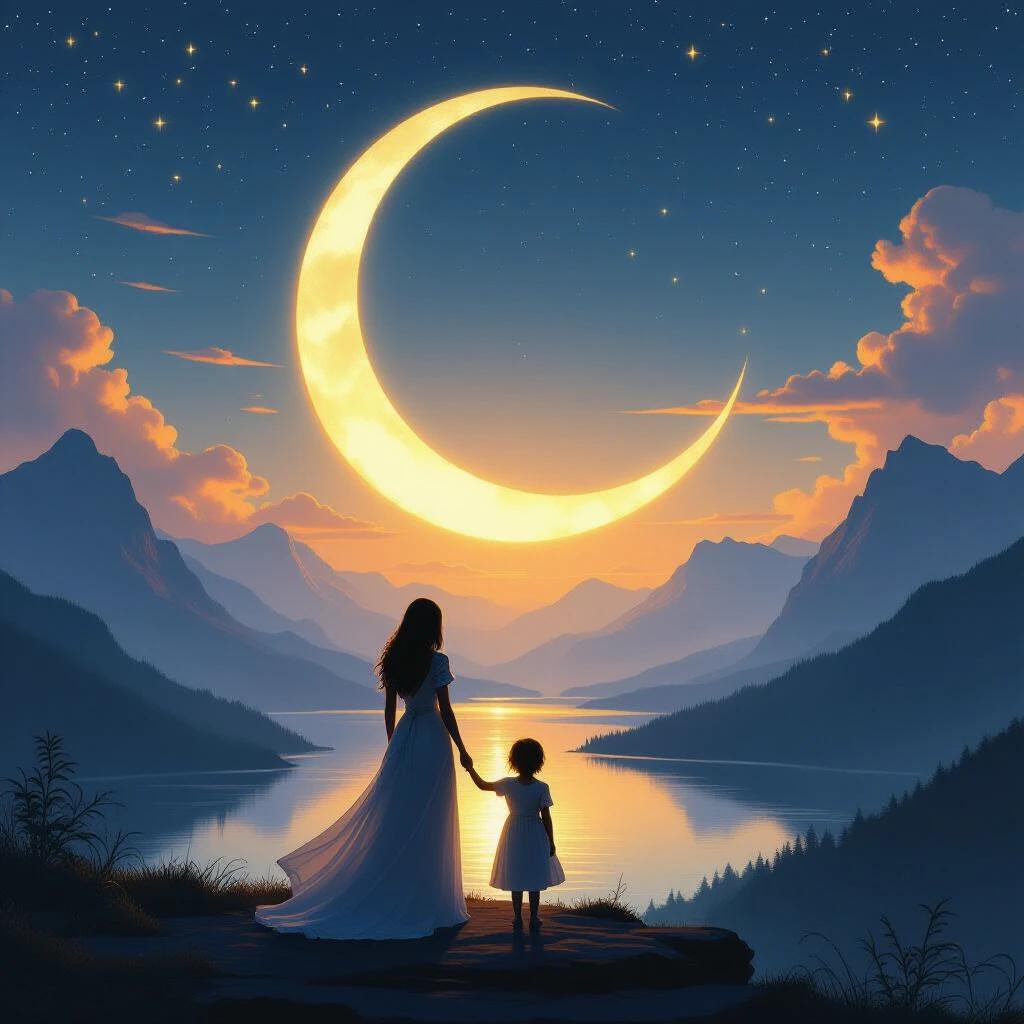 Silhouetted woman and child on cliffside facing a giant glowing crescent moon. Surreal dreamscape with golden hour mist in a fantasy mountain lake landscape. Celestial sky filled with stars and birds. Mystical atmosphere with flowing dress and soft backlight. Painterly style with intricate details.