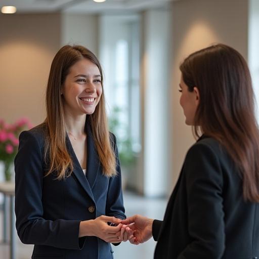Student meets human resources professional at recruitment fair. Setting in a modern office space. Two women engaged in conversation while shaking hands. Professional attire present. Soft lighting enhances the atmosphere.