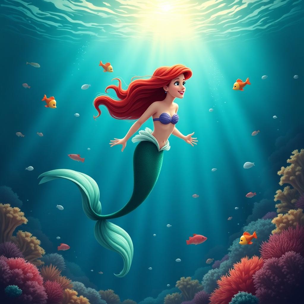 This image features Ariel, the beloved Disney character from 'The Little Mermaid', gracefully swimming in a vibrant underwater scene. She has long, flowing red hair and a shimmering green tail, which reflects the ethereal light filtering through the ocean surface. The background is filled with colorful corals and animated fish, creating a lively and enchanting atmosphere. The lighting creates a magical effect, emphasizing the tranquility and beauty of the underwater world. It's a captivating representation of fantasy and marine wonder.