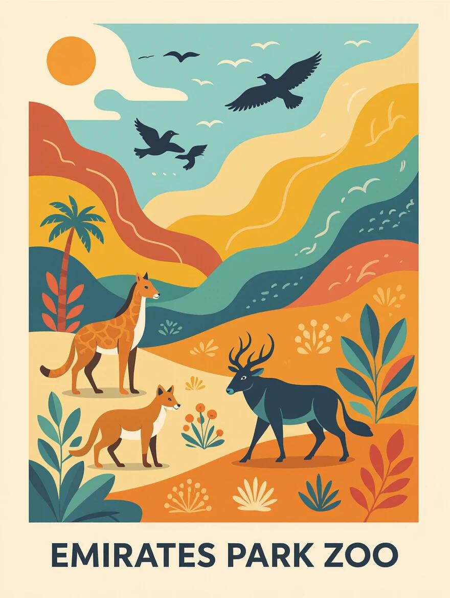 Artistic poster creation for Emirates Park Zoo using abstract art inspiration. Shapes and colors reflect the zoo's spirit. Organic geometric compositions and fluid lines represent animal movement and natural surroundings. Colors draw from desert scenery and local wildlife.