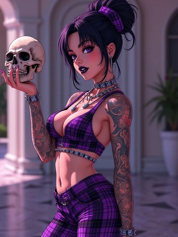 Anime character in a modern luxurious mansion. Tattooed woman wearing plaid streetwear with amethyst jewelry. Holding a human skull in one hand. Confidently walking with a grin. Set in Miami during the morning.