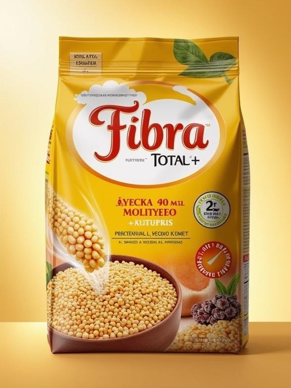 Fibra Total product packaging shown. Ingredients include oats, corn, wheat, soy. Bright background. Focus on health benefits.