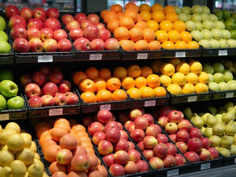 Photo of a grocery store with a vibrant fruit display on multiple shelves. Contains apples, oranges, pears arranged in black plastic crates. Price tags visible on crates. Bright indoor lighting and sharp focus showing detailed textures of fruit skins.