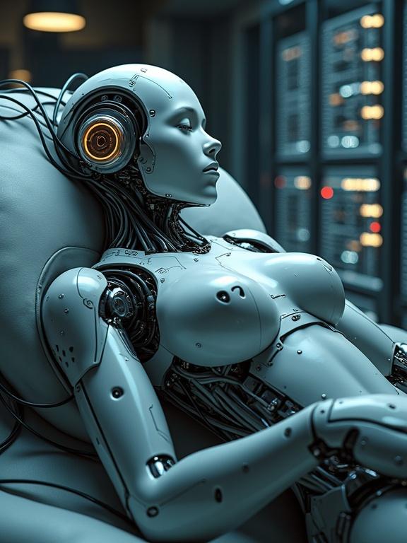 Hyperrealistic digital render depicts humanoid robot with feminine traits resting in high-tech lab. Intricate wires connect robot to glowing computer console. Constructed with polished chrome and synthetic skin. Soft clinical lighting creates reflections and shadows. Emphasizes connection between advanced artificial being and machine.