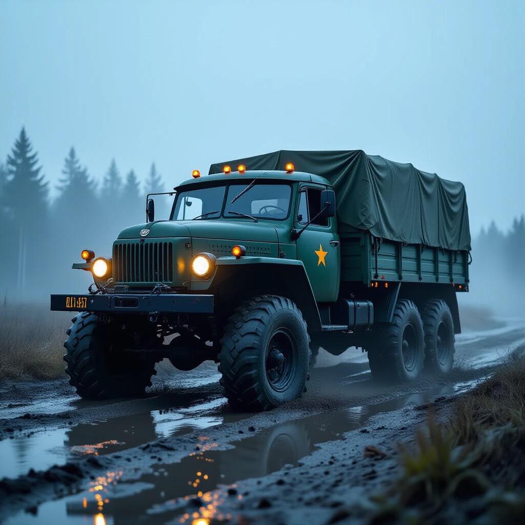 Soviet ZIL-157 6x6 military truck with massive muddy tires in a foggy environment. Headlights illuminating the fog. Rust streaks on the truck's green paint and torn canvas flaps. The scene depicts an abandoned frontline road with a distant wolf howl. Contains a mutant deer skull on the hood and a blinking Geiger counter. Toxic green mist surrounds the area.
