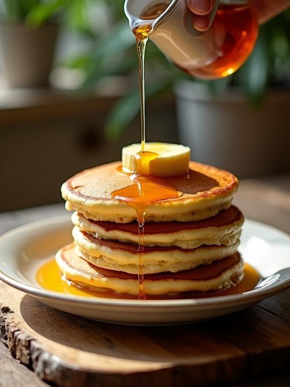 A rustic wooden table displays a stack of pancakes. Maple syrup drips down the pancakes. Butter melts on top. Natural morning light illuminates the scene. Ideal for food magazine photography.