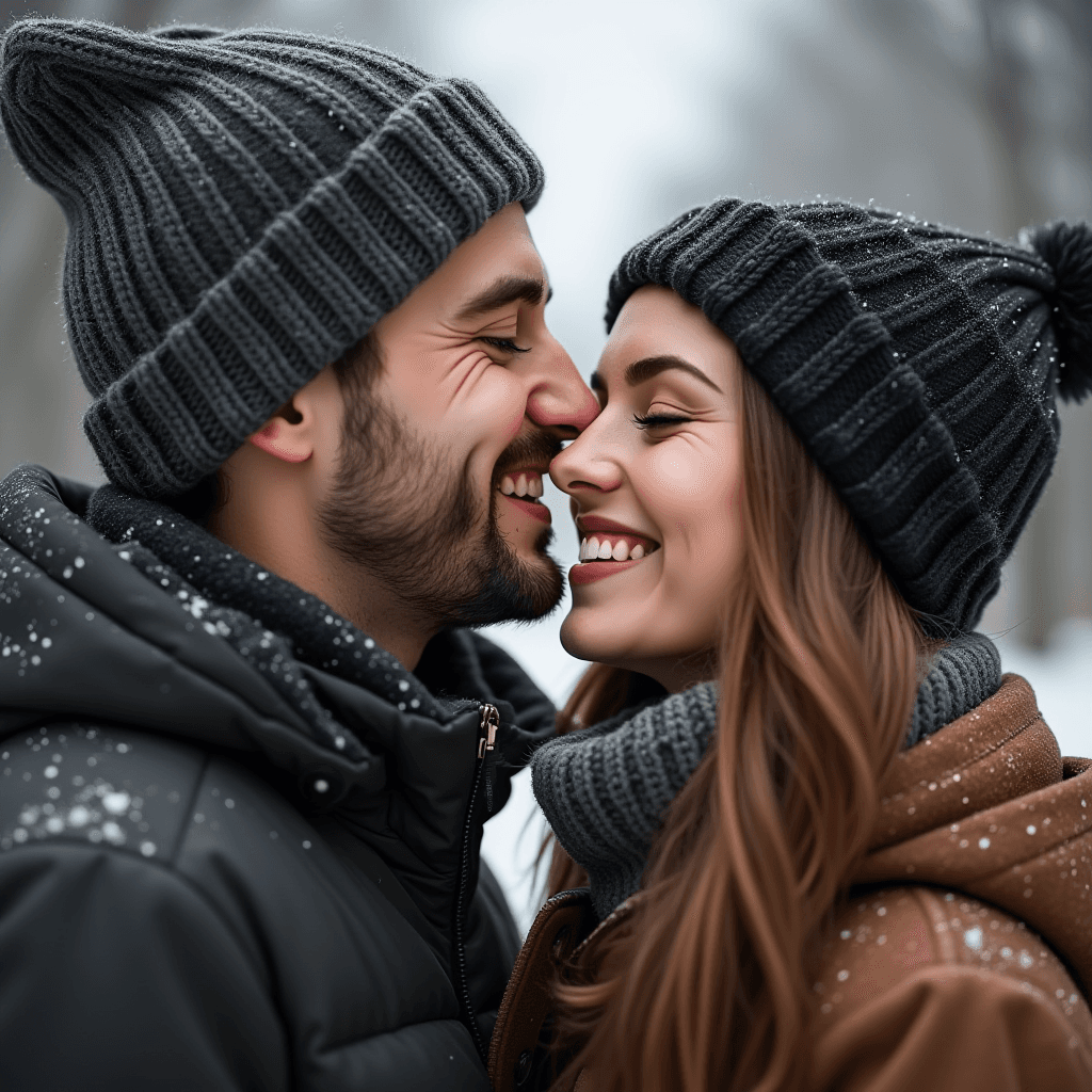 A couple in beanies share a joyful moment in the snow.