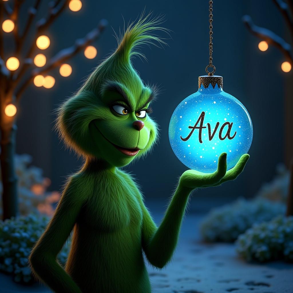 A serene night garden. The Grinch holds a glowing blue Christmas bauble with the name Ava in elegant script. Twinkling Christmas lights create a magical atmosphere.