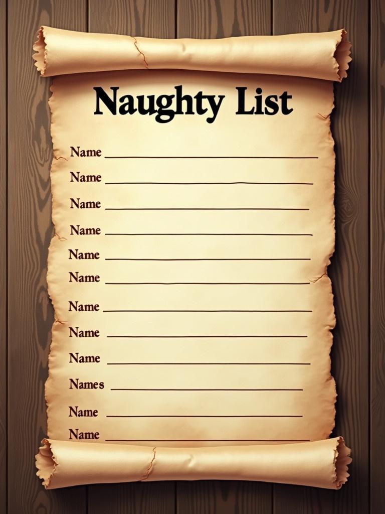 Parchment-like paper with the title 'Naughty List' written in bold letters. Spaces provided for writing names of naughty children. Vintage style with a warm wooden wall background.