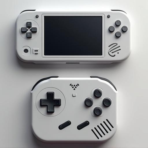 Design of a blank handheld gaming system suitable for branding placement. Features game controls and a screen layout without logos or markings.
